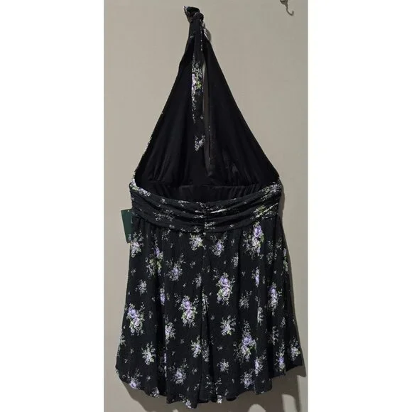 Wild Fable Purple Floral Sleeveless Skater Black Halter Mini Dress -- Size Large - Picture 5 of 8